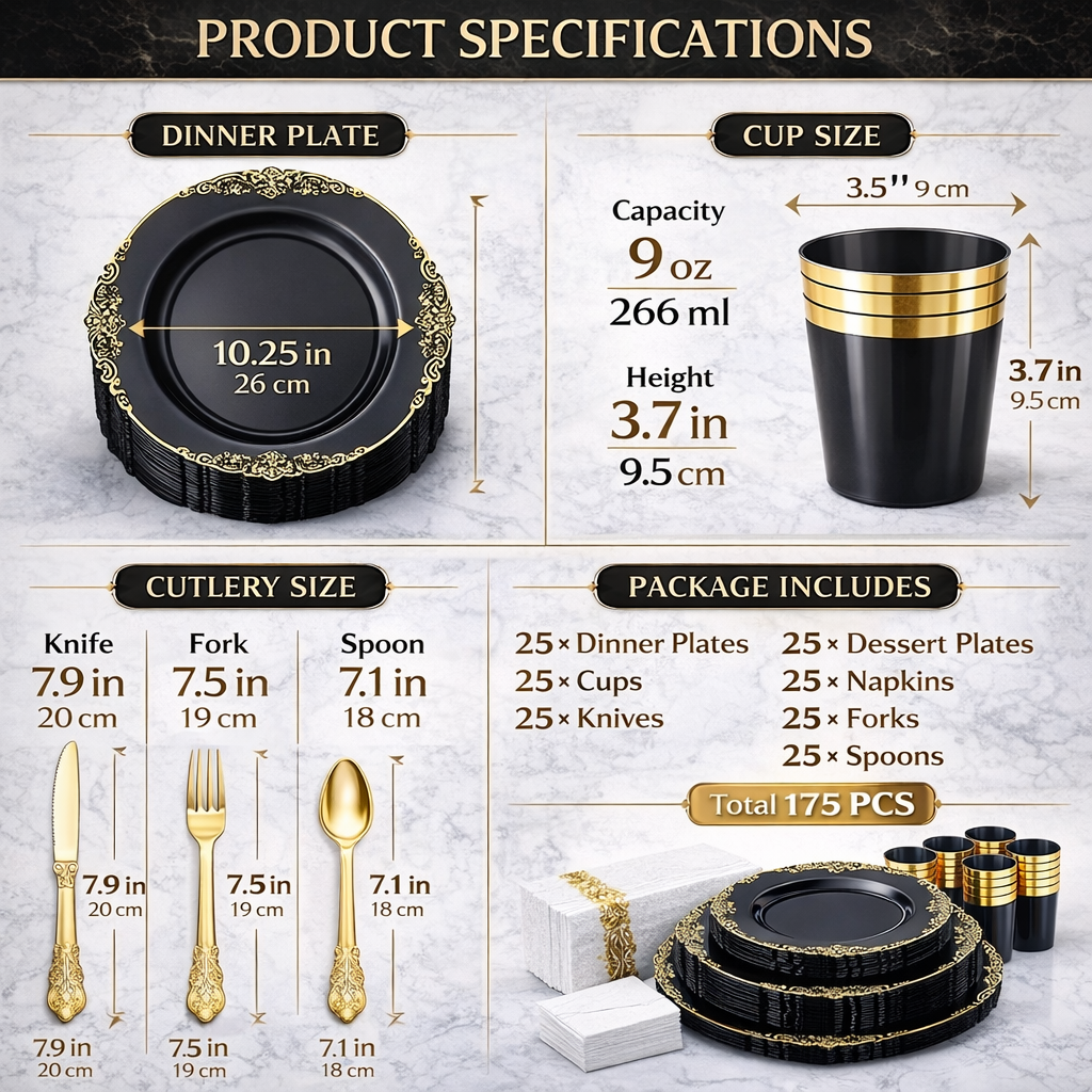 🎁✨ 175-Piece Black and Gold Disposable Dinnerware Set – Plates, Cups & Utensils for Weddings, Birthdays & Parties