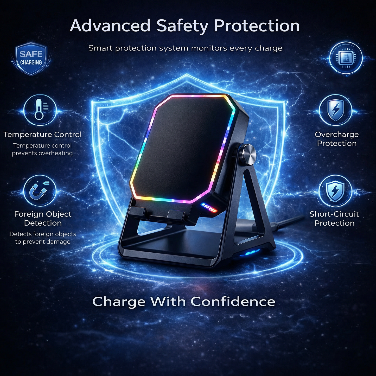 🌈 Futuristic RGB Wireless Charger Stand – Fast & Safe Wireless Charging with Smart Protection