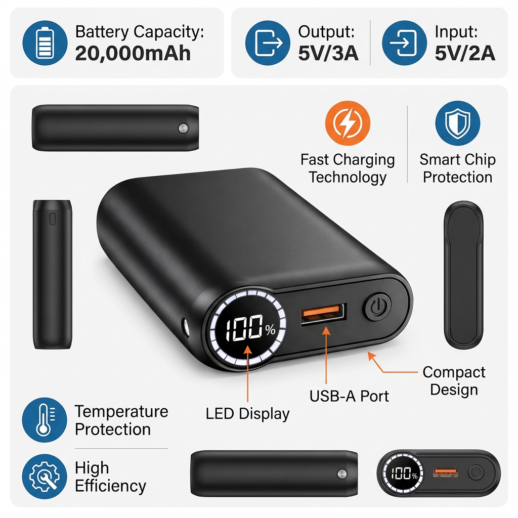 π 20,000mAh Smart Power Bank β LED Battery Ring, Fast Charging Portable Charger for Mobile Devices