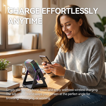 🌈 Futuristic RGB Wireless Charger Stand – Fast & Safe Wireless Charging with Smart Protection