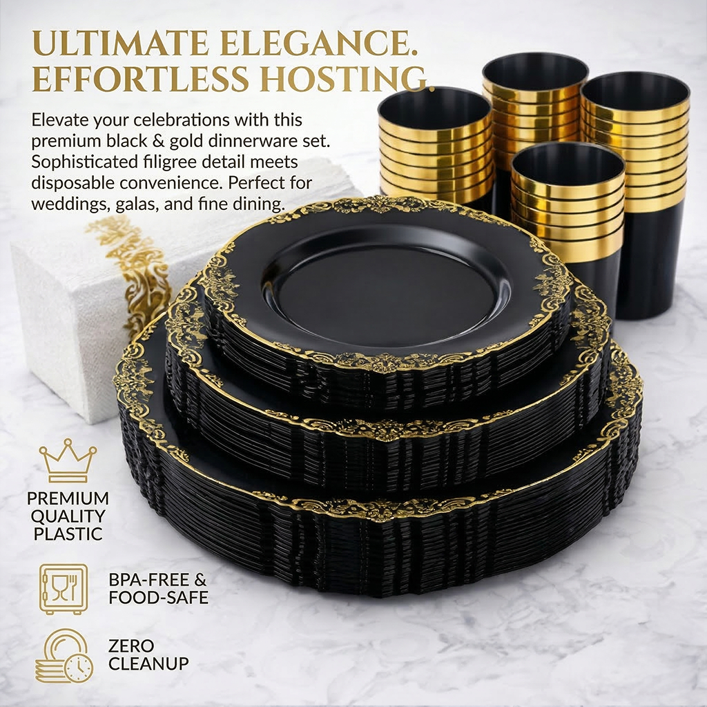 🎁✨ 175-Piece Black and Gold Disposable Dinnerware Set – Plates, Cups & Utensils for Weddings, Birthdays & Parties