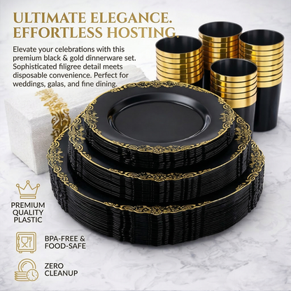 🎁✨ 175-Piece Black and Gold Disposable Dinnerware Set – Plates, Cups & Utensils for Weddings, Birthdays & Parties