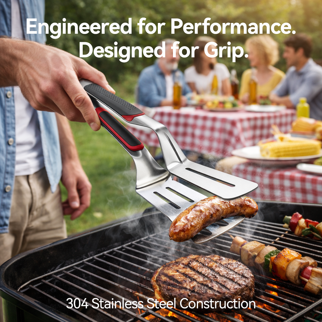 🔥 2-in-1 Stainless Steel Grill Spatula & Tongs – Heavy-Duty BBQ Turner with Non-Slip Handle