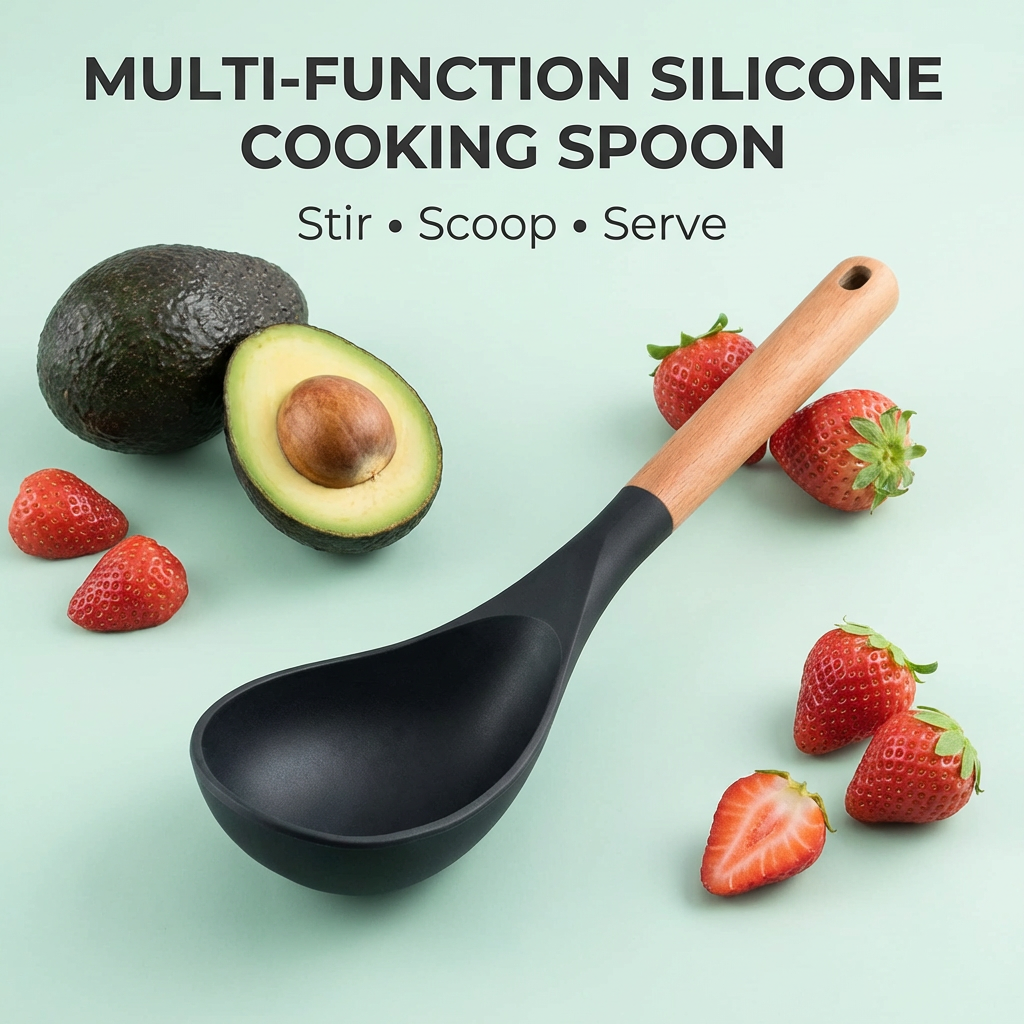 🥄 Multi-Function Silicone Cooking Spoon – Heat-Resistant Non-Stick Spatula with Wooden Handle
