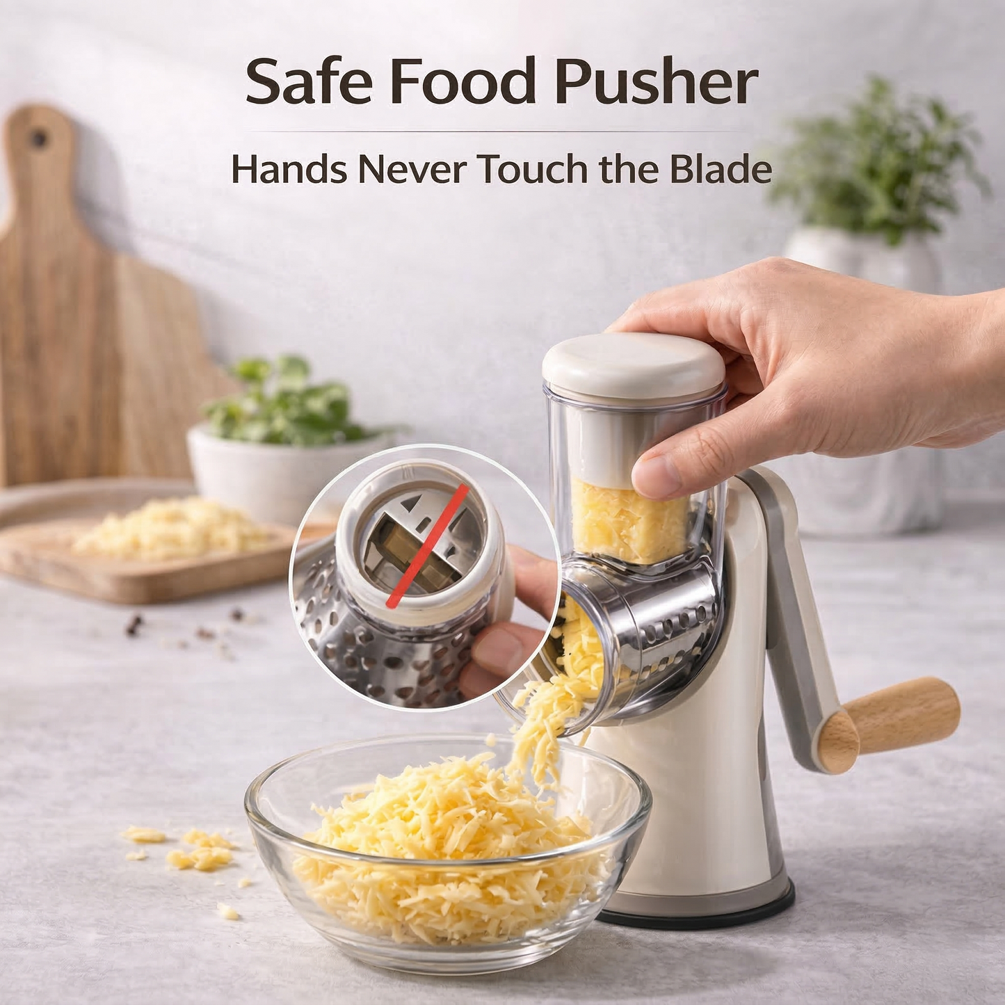 🎁✨ Vertical Rotary Cheese Grater – Manual Vegetable Slicer with 3 Interchangeable Drum Blades  版本2（SEO优化）