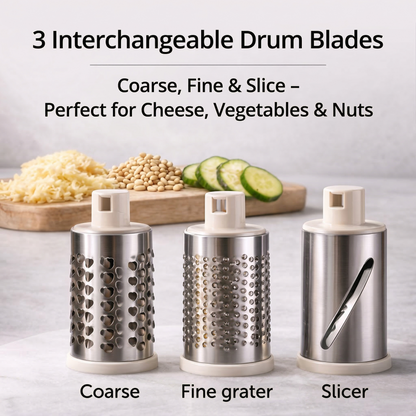 🎁✨ Vertical Rotary Cheese Grater – Manual Vegetable Slicer with 3 Interchangeable Drum Blades  版本2（SEO优化）