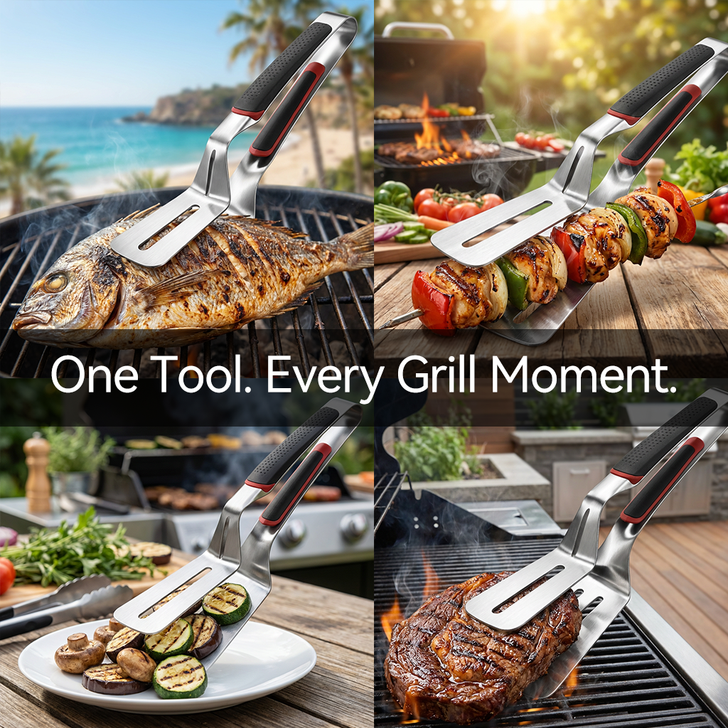 🔥 2-in-1 Stainless Steel Grill Spatula & Tongs – Heavy-Duty BBQ Turner with Non-Slip Handle