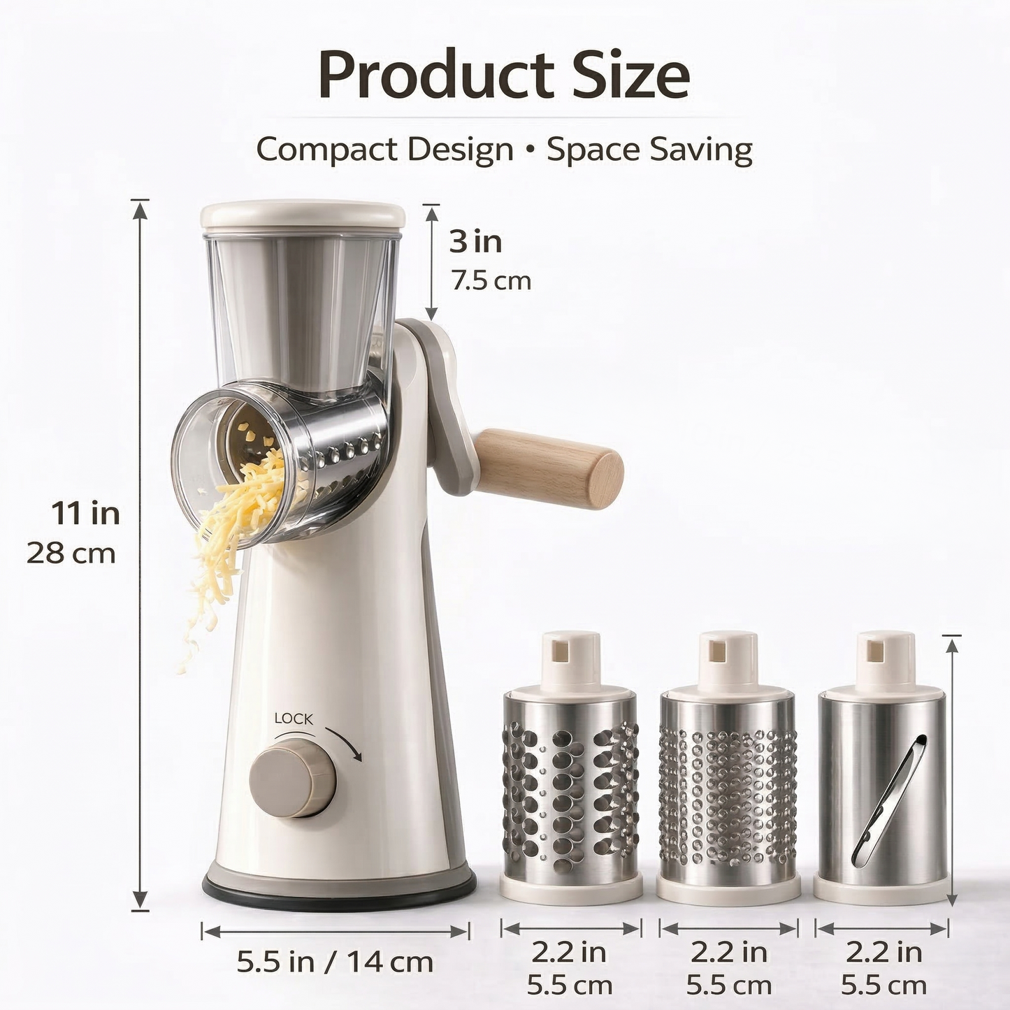🎁✨ Vertical Rotary Cheese Grater – Manual Vegetable Slicer with 3 Interchangeable Drum Blades  版本2（SEO优化）