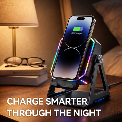 🌈 Futuristic RGB Wireless Charger Stand – Fast & Safe Wireless Charging with Smart Protection
