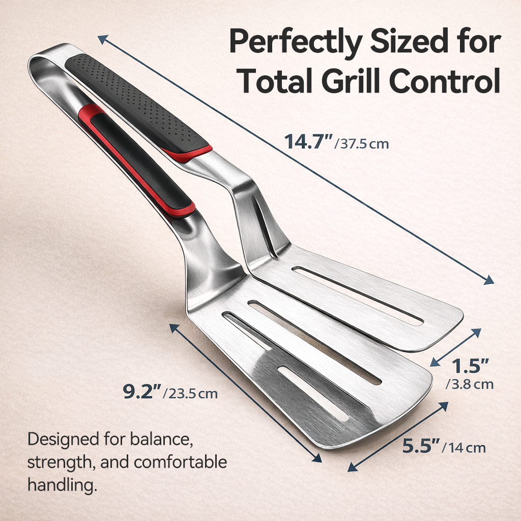 🔥 2-in-1 Stainless Steel Grill Spatula & Tongs – Heavy-Duty BBQ Turner with Non-Slip Handle