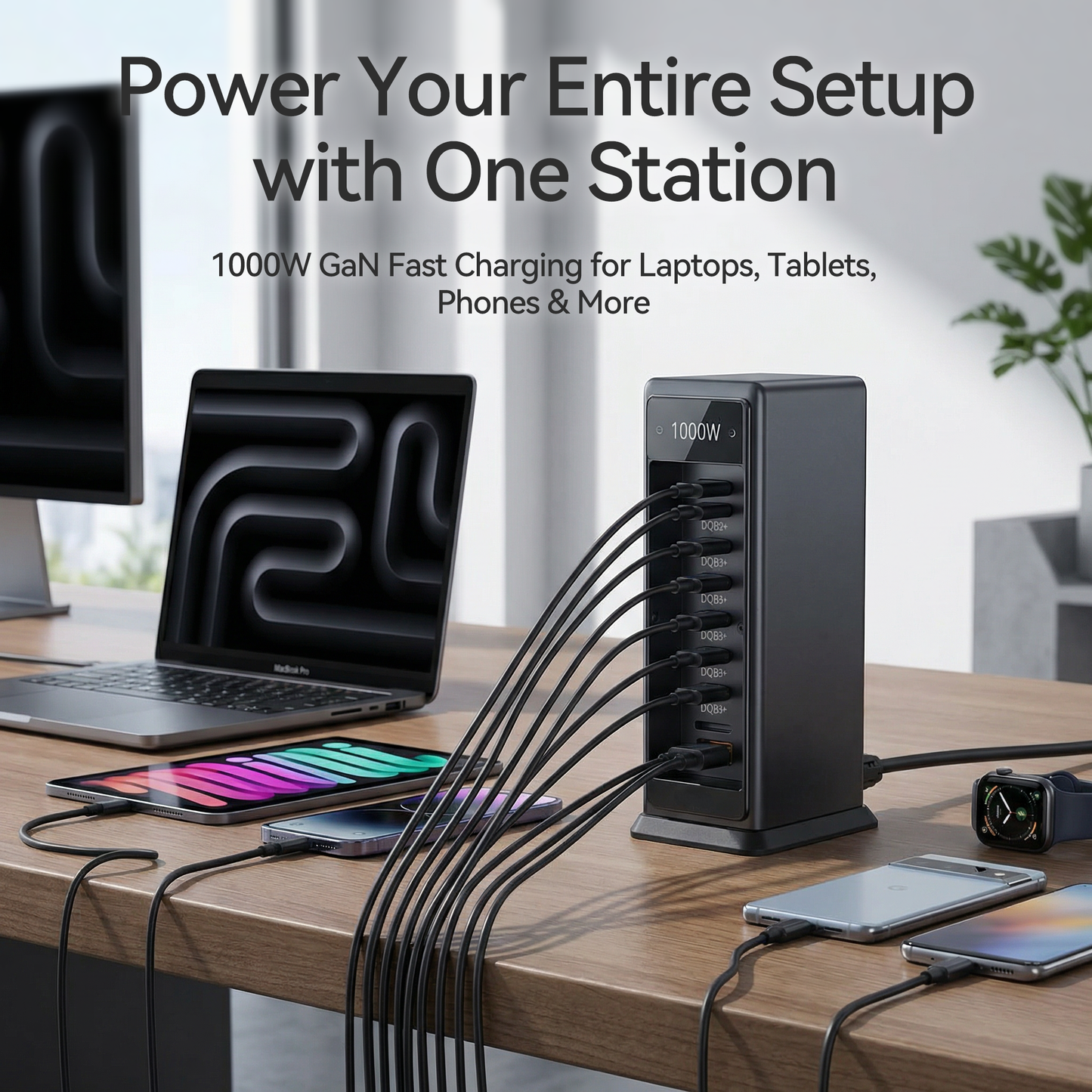 🔋 1000W GaN 10-Port Charging Station – High-Speed USB-C & USB-A Hub for Smartphones, Tablets & Laptops