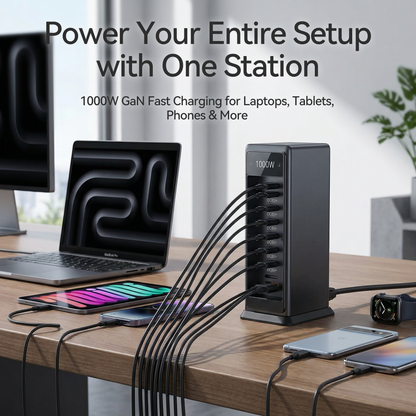 🔋 1000W GaN 10-Port Charging Station – High-Speed USB-C & USB-A Hub for Smartphones, Tablets & Laptops