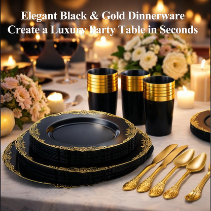 🎁✨ 175-Piece Black and Gold Disposable Dinnerware Set – Plates, Cups & Utensils for Weddings, Birthdays & Parties