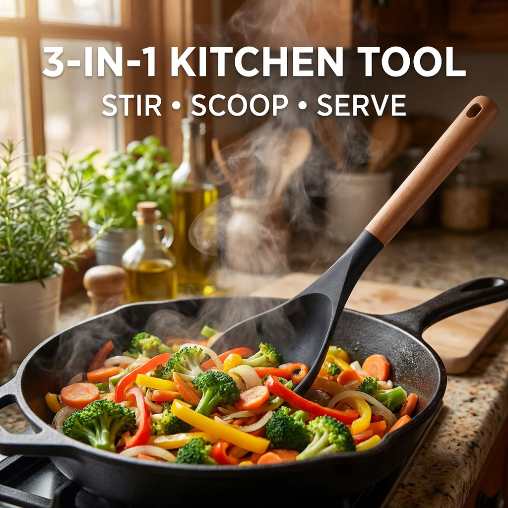 🥄 Multi-Function Silicone Cooking Spoon – Heat-Resistant Non-Stick Spatula with Wooden Handle