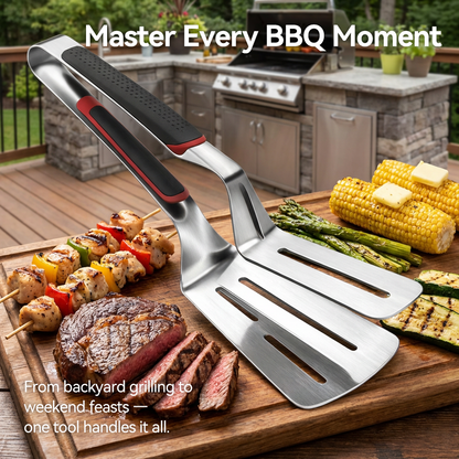 🔥 2-in-1 Stainless Steel Grill Spatula & Tongs – Heavy-Duty BBQ Turner with Non-Slip Handle
