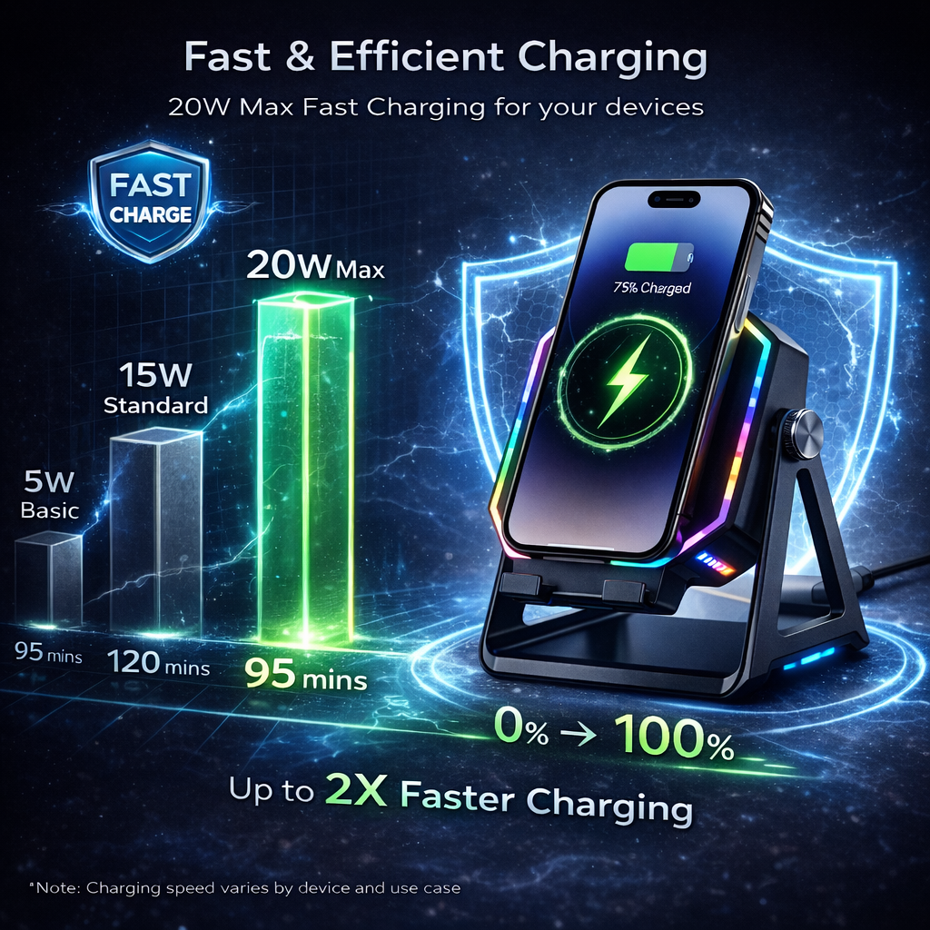 🌈 Futuristic RGB Wireless Charger Stand – Fast & Safe Wireless Charging with Smart Protection