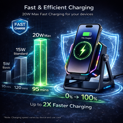 🌈 Futuristic RGB Wireless Charger Stand – Fast & Safe Wireless Charging with Smart Protection