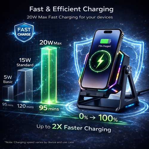 🌈 Futuristic RGB Wireless Charger Stand – Fast & Safe Wireless Charging with Smart Protection