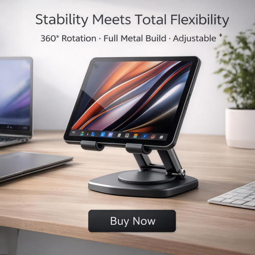 ⭐ 360° Rotating Tablet Stand – Foldable Aluminum Holder with Adjustable Viewing Angles